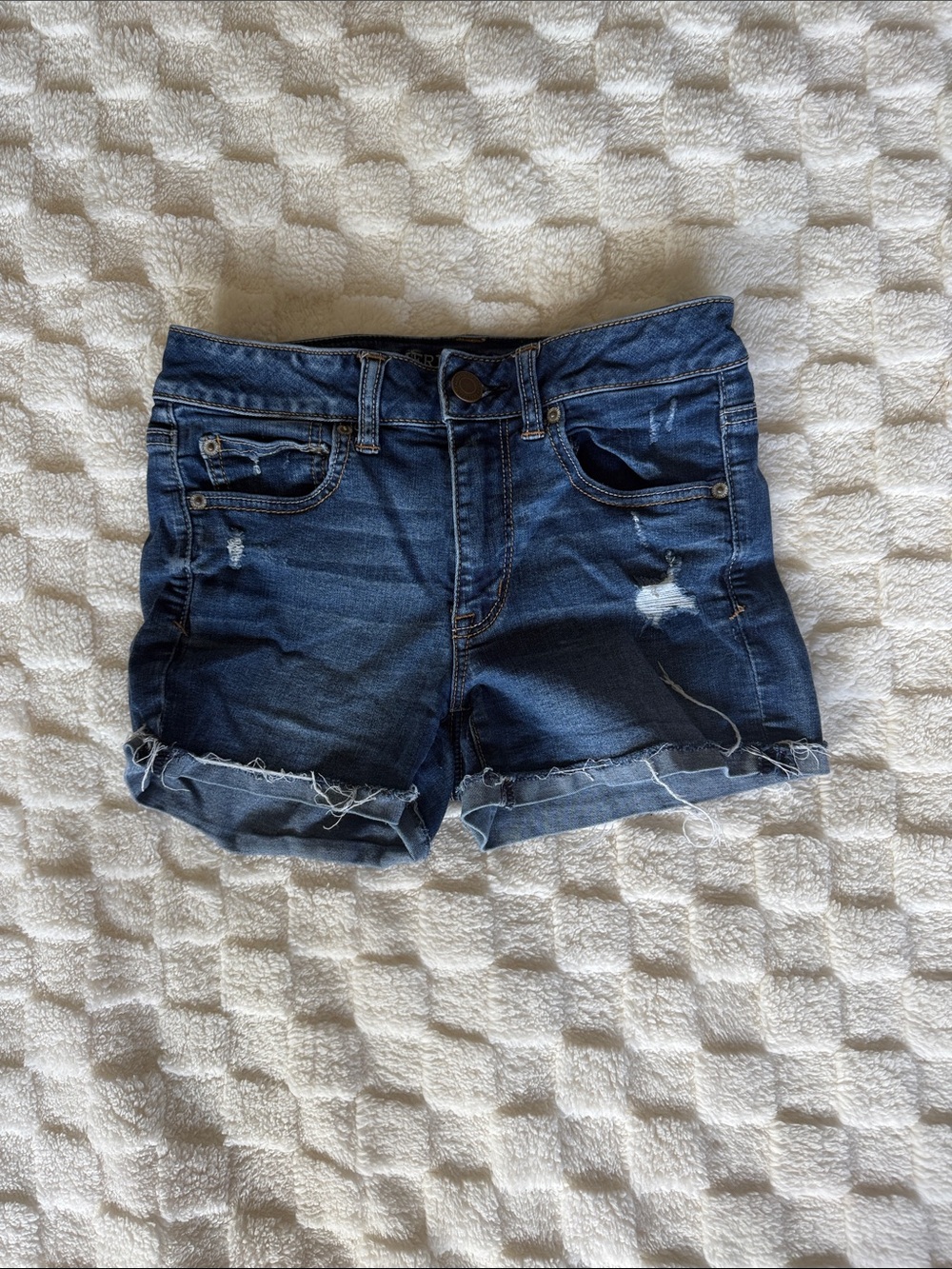 American Eagle Outfitters Distressed Dark Blue Denim Roll-Cuff Shorts